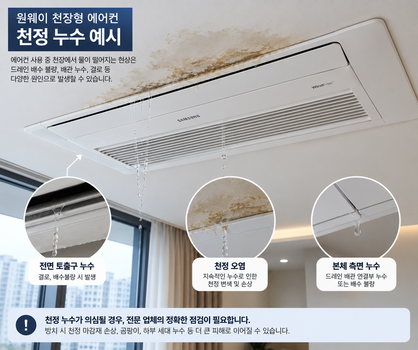 천장형 에어컨의 토출구 누수, 천장 오염, 본체 측면 누수 예시 안내